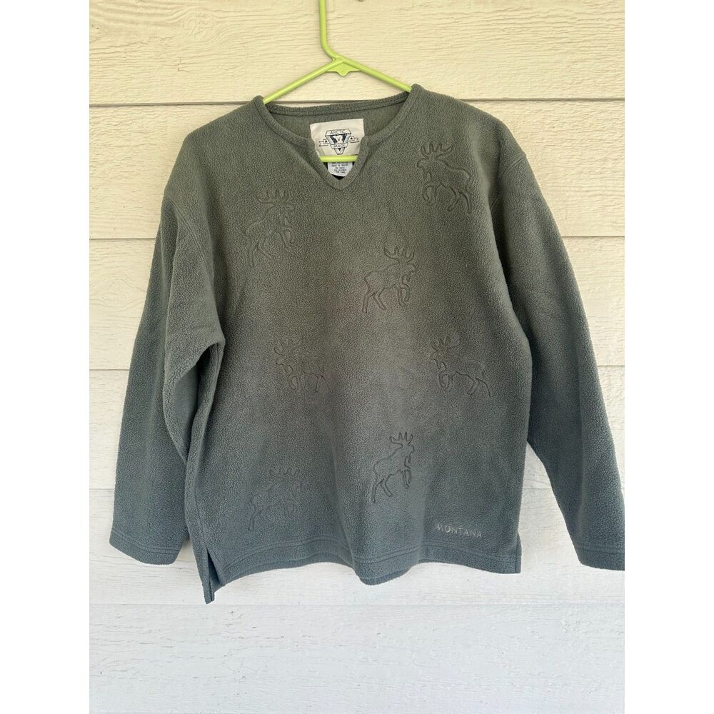Vintage Arctic Image Montana Embossed Moose V-Neck Fleece Sweatshirt Mens Size S